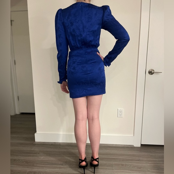 Saloni Blue Satiny Floral Pattern Mini Cocktail Dress - Picture 5 of 6